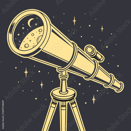 Vector art of vintage telescope with moon and stars