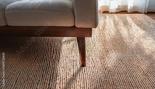 close up detail design of sofa leg with carpet rug home interior background ai generate