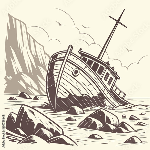 Vector art of wrecked ship illustration washed ashore, stranded on rocks