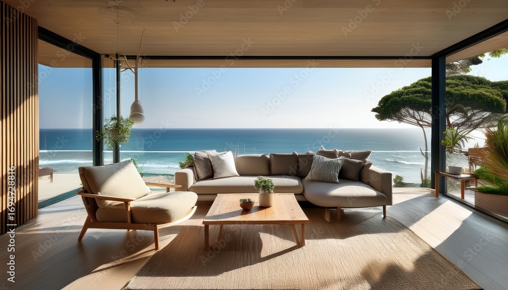 Fototapeta premium eco friendly living room with ocean outlook