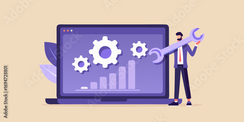 Businessman with wrench adjusting laptop display showing gears and growth chart