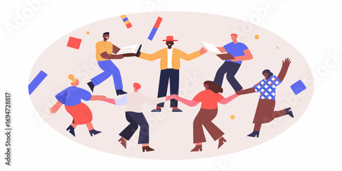 Diverse group of people holding books and dancing in a circle with confetti falling