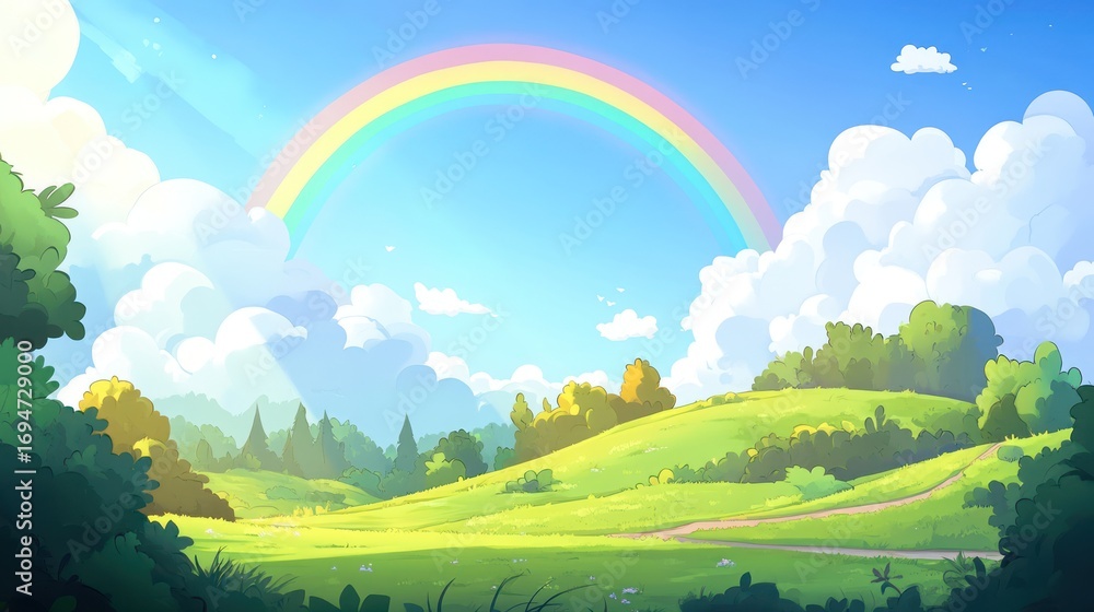 Obraz premium Rainbow over lush landscape
