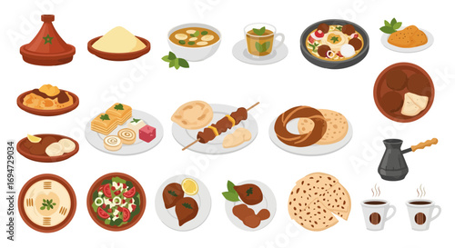Diverse assortment of Middle Eastern and North African cuisine illustrations showcasing traditional dishes and culinary heritage for recipe books and travel guides