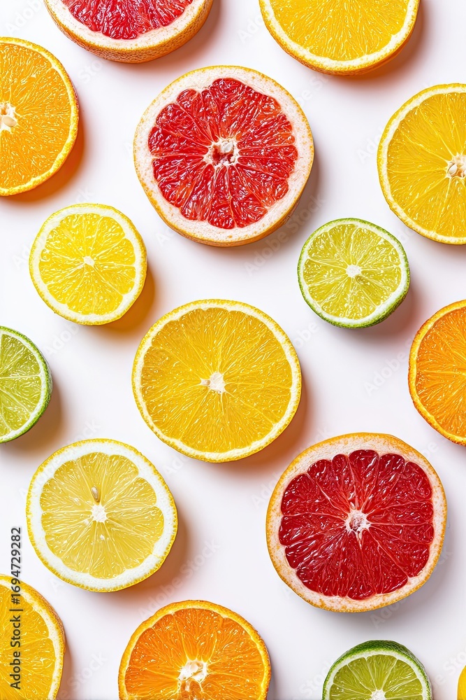 Obraz premium Citrus slices arranged on a white background