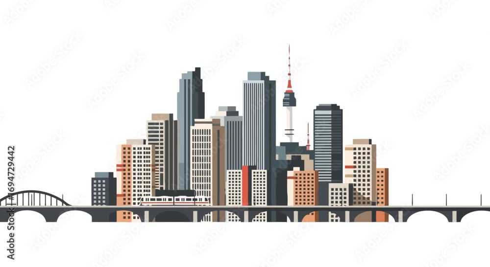 Fototapeta premium Vector illustration of a modern city skyline with skyscrapers, a bridge, and a communication tower against a clean white background. Suitable for urban planning visualizations.