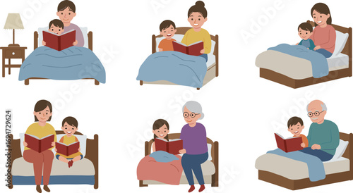 Family reading bedtime stories, parents and grandparents with children, cozy night routine, storytelling, love, bonding, happiness illustration