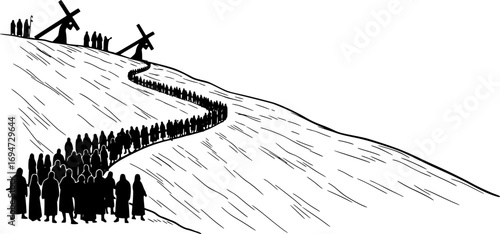 Way of the Cross silhouettes, Stations of the Cross with Jesus Christ carrying the cross on Calvary hill, abstract religious Lent vector illustration