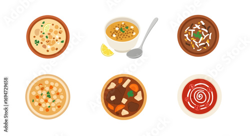 Assortment of Diverse Soup Bowls in Vector Style, Perfect for Menus, Recipes, and Culinary-Themed Designs for Adobe Stock Projects