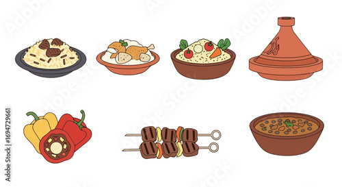 Collection of assorted Moroccan cuisine vector illustrations featuring traditional dishes and cooking vessels for culinary themed designs and educational materials