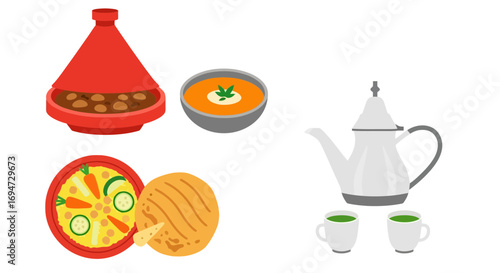 Moroccan Cuisine Illustration Featuring Tagine, Soup, Flatbread, and Mint Tea. Ideal for culinary blogs, travel guides, and ethnic food promotions.