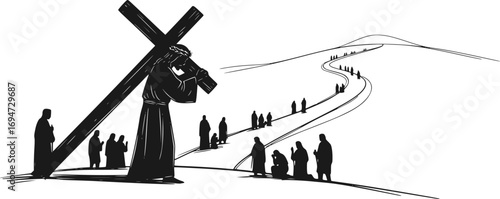 Way of the Cross silhouettes, Stations of the Cross with Jesus Christ carrying the cross on Calvary hill, abstract religious Lent vector illustration