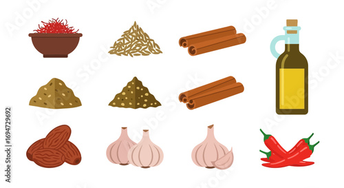 Colorful Flat Lay Illustration of Spices, Oil, Garlic, and Chili Peppers for Culinary Recipes and Food-Related Graphic Design Projects