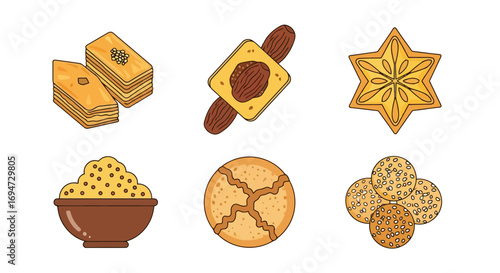 Collection of six traditional Middle Eastern sweets, displayed in a cartoon style illustration. Useful for illustrating cultural events, culinary recipes, or travel guides.