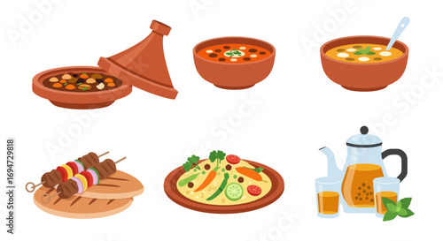 Authentic Moroccan cuisine illustration showcasing traditional dishes like tagine, couscous, soup, and mint tea served in traditional ware for cookbooks