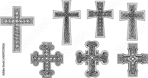 set of Three historic medieval Croatian traditional crosses with national interlace pattern, Croatian pleter vector illustration