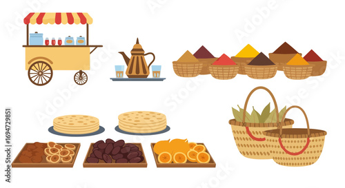 Vibrant assortment of Middle Eastern market goods including sweets, spices, tea, and produce, suitable for illustrating cultural events or food-related designs