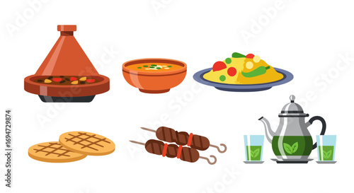 Vibrant Moroccan cuisine illustration featuring tagine, couscous, harira, kebabs, cookies, and mint tea, ideal for culinary publications and travel websites.