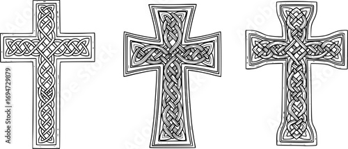 set of Three historic medieval Croatian traditional crosses with national interlace pattern, Croatian pleter vector illustration