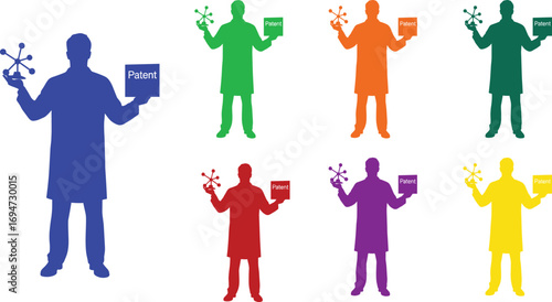 Vector illustration of scientist silhouette holding molecular model and patent document, symbolizing innovation, research, invention, intellectual property and scientific discovery.