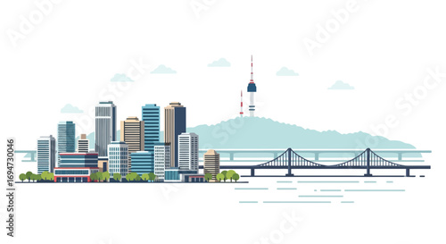 Modern Seoul city skyline illustration featuring skyscrapers, bridge, and iconic tower on a mountain. Ideal for travel, tourism, and architectural design projects.
