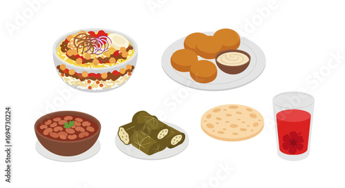 Diverse selection of Middle Eastern and Mediterranean dishes presented in a flat vector illustration style, ideal for culinary blog posts and recipe websites