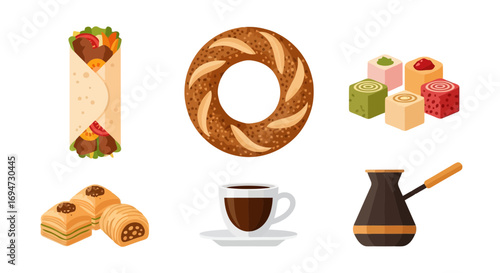 Delightful Turkish Culinary Delights Featuring Doner Kebab, Simit, Turkish Delight, Baklava, Turkish Coffee, and Traditional Coffee Pot for Culinary Illustration