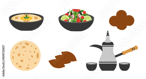 Middle Eastern Food Illustration Featuring Hummus, Salad, Bread, Dates, and a Traditional Coffee Pot. Suitable for Culinary Websites, Recipe Books, and Food Blogs.