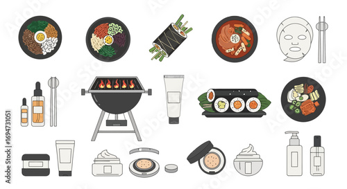 Minimalist Korean lifestyle illustration showcasing food, beauty, and leisure activities. Ideal for articles, blogs, or promotional materials related to Korean culture and trends.