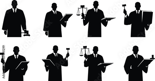 Judge Silhouettes Holding Gavels, Scales, and Legal Items in Eight Poses for Law, Justice, and Educational Design Content