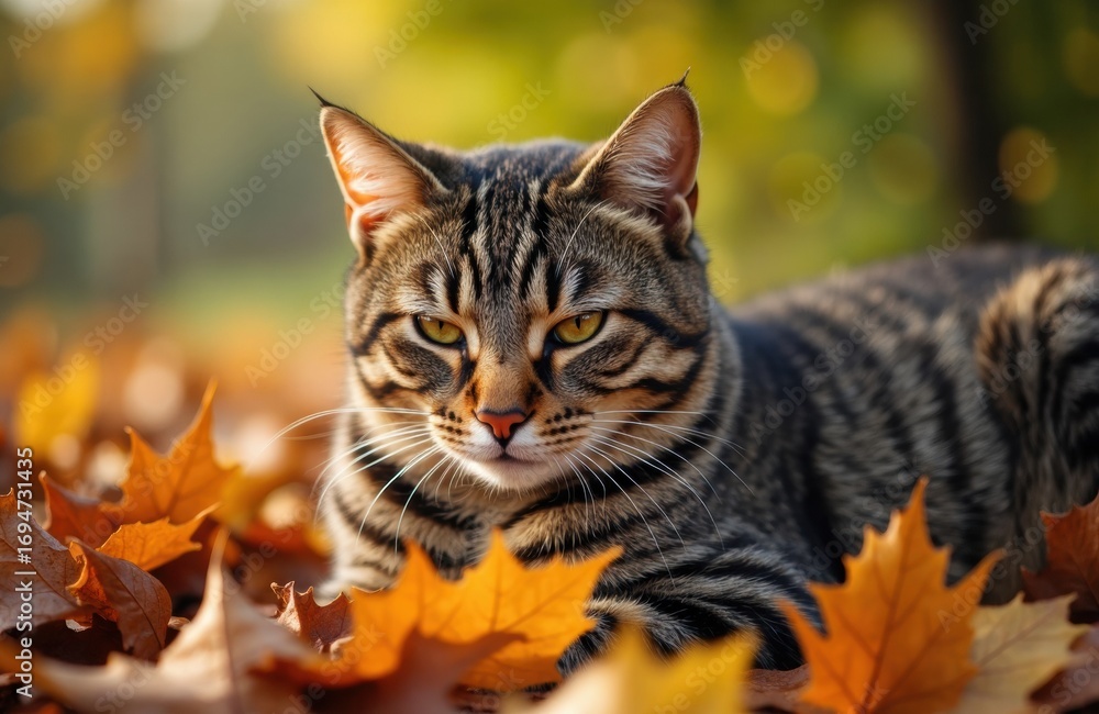 Fototapeta premium A tabby cat lying among colorful autumn leaves in a natural outdoor setting