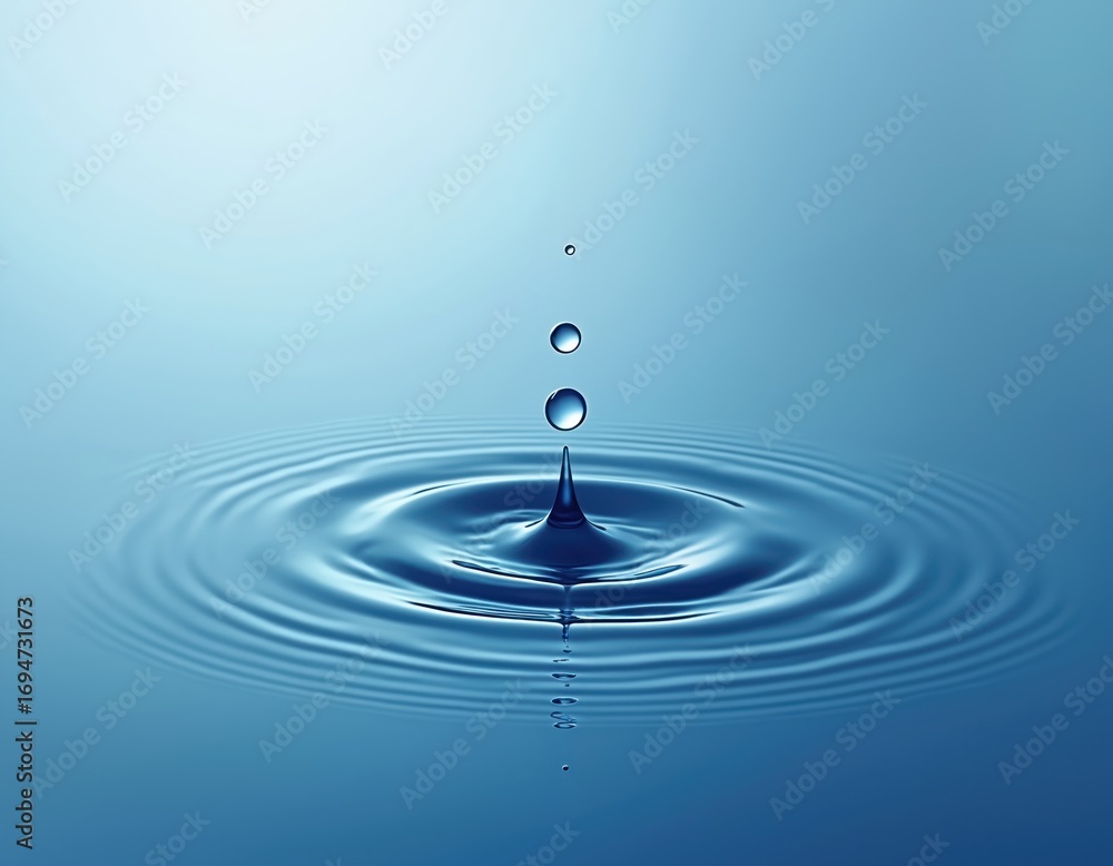 Single water drop falling into tranquil blue water, creating concentric ripples on surface. Illustration emphasizes purity, refreshment, vital of water. Clear, transparent liquid creates sense of Single water drop falling into tranquil blue water, creating concentric ripples on surface. Illustration emphasizes purity, refreshment, vital of water. Clear, transparent liquid creates sense of