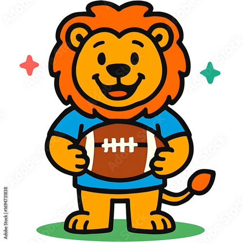 Cute cartoon lion mascot character holding an American football with a happy smile. Vector illustration of a friendly jungle animal athlete