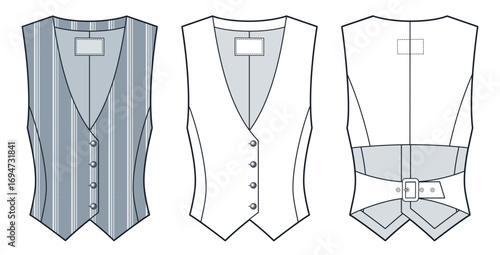 Tailored Vest with V-Neck and Back Belt Fashion Flat Sketch. Striped Sleeveless Jacket fashion flat technical drawing template, front and back view, white, grey, cutout, women, men, unisex CAD mockup.