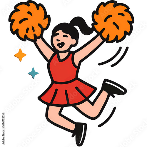 Energetic cartoon cheerleader in a red uniform jumping for joy with orange pom-poms, a cute illustration representing team spirit and support