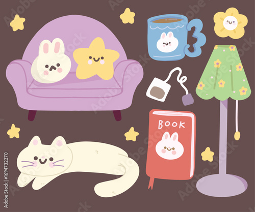 home decoration things sofa lamp cat chocolate drink mug vector