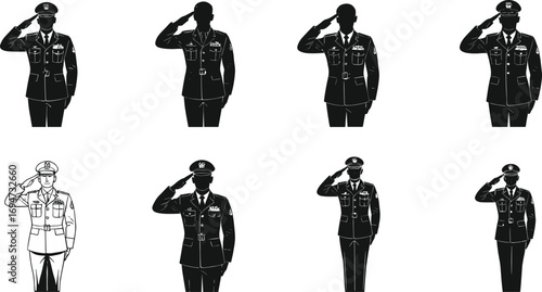 Military Salute Silhouettes and Line Art in Varied Uniform Styles on White Background for Civic, Patriotic, and Design Content