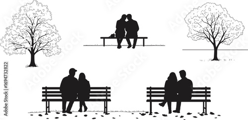 romantic couple silhouette on park bench, love relationship illustration, tree background design, peaceful outdoor scenery, relaxing vector art