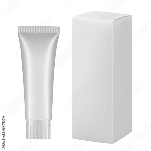 Set of white plastic tube and box. Realistic mockup. Ointment or salve. Gel serum. Korean packaging. Blank cardboard package. Toothpaste