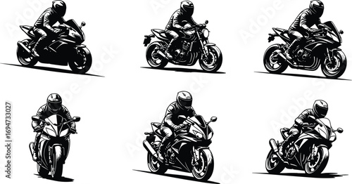Motorcyclist Silhouettes in Six Dynamic Riding Poses Featuring Sport and Naked Bikes for Motorsport and Design Content