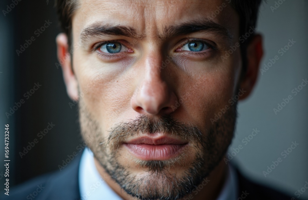 Obraz premium Close-up of a confident man with piercing blue eyes and well-groomed facial hair
