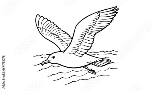Seagull Kids t shirt design silhouette and vector line art, Detailed High-Quality Line Art, Suitable for Adult Coloring Books, Stress Relief, Relaxation, and Printable Art Therapy Projects.