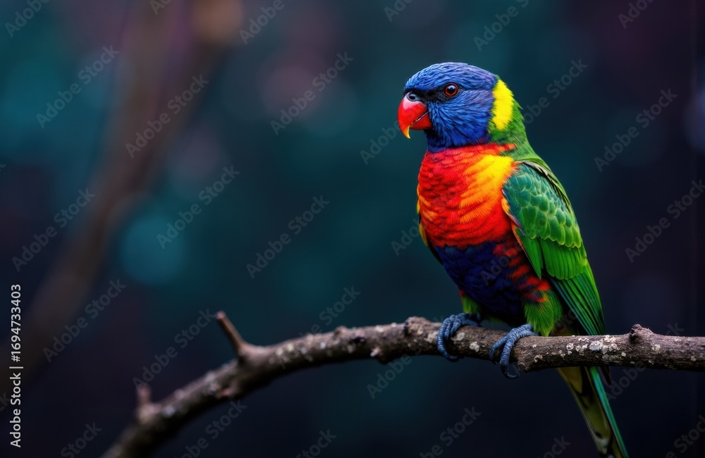 Fototapeta premium Colorful rainbow lorikeet perched on a branch in natural environment