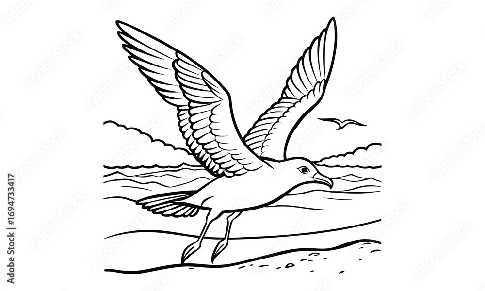 Fototapeta premium Seagull Kids t shirt design silhouette and vector line art, Detailed High-Quality Line Art, Suitable for Adult Coloring Books, Stress Relief, Relaxation, and Printable Art Therapy Projects.
