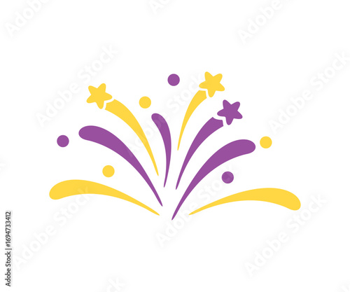 Simple firework icon. Exploding sparkle of fireworks with purple and yellow color. Vector firework sign isolated with stars and sparks illustration on white or transparent background. 
