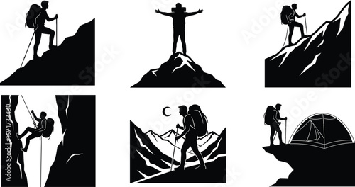 Mountain Adventure Silhouettes in Varied Hiking, Climbing, and Camping Scenes on White Background for Nature and Design Content