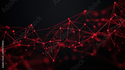 A dark abstract image featuring interconnected red lines and dots, creating a dynamic, digital network effect.