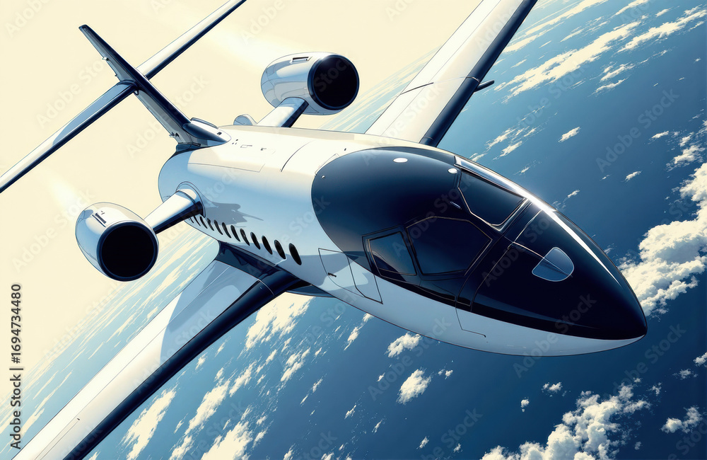 Fototapeta premium Futuristic private jet flying high above the clouds in clear blue sky