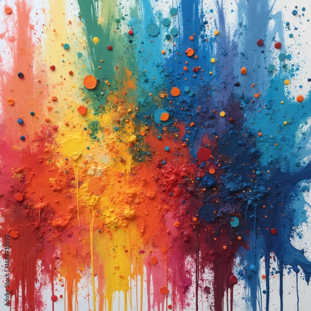 Fototapeta premium Abstract illustration features vibrant paint splatters, drips in chaotic yet artistic display. Colors include red, orange, yellow, green, blue, creating textured, grunge-like effect on white canvas