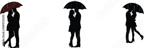 romantic couple silhouette kissing under umbrella, love illustration, rainy weather design, relationship artwork, elegant vector art, romantic scenery